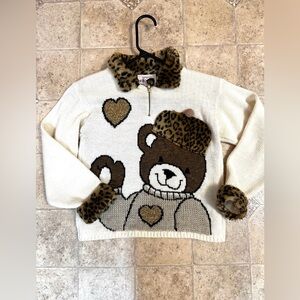 VTG Girls Heartworks Teddy Bear Leopard Print Fur Zip Top Knit Sweater Sz 7/8